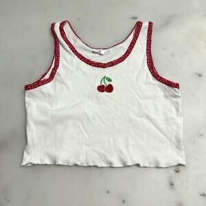 Love & Lazy Days Y2K White Cherry Embroidered Red Lace Trim Crop Tank Top Sz XL